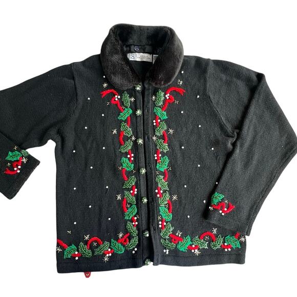 Vintage Christmas Sweater, Cardigan, Removable faux fur collar, Beaded  MED - Picture 1 of 10